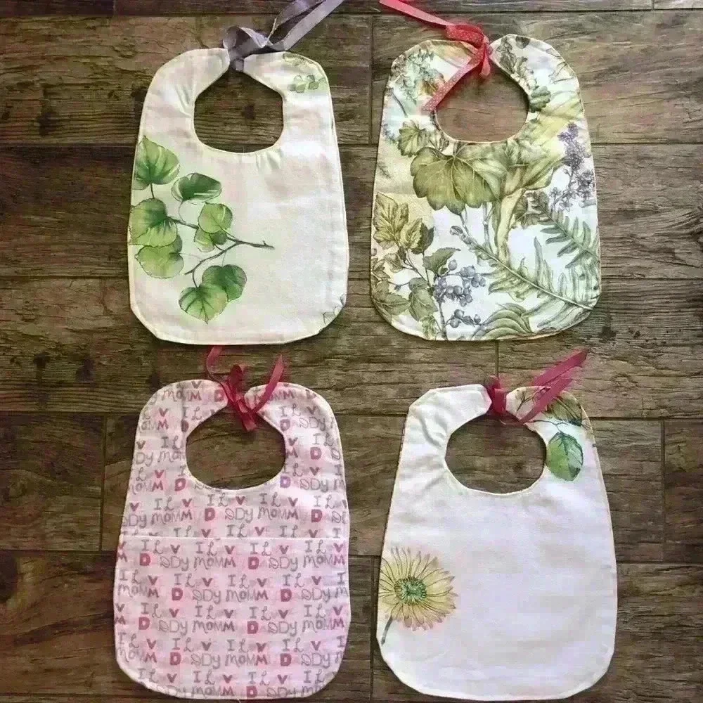 LOT OF 4 BABY GIRL PINK HANDMADE VTG FABRIC BIBS